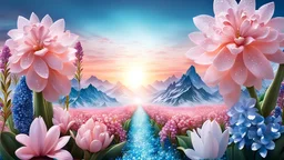 paesaggio fiorito di topazi smeraldi cristalli, quarzo rosa e ialino luccicanti con paesaggio floreale cristalli azzurri e bianchi sole nascente cielo azzurro grazioso