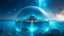 Gorgeous hunmongous deep ocean glass dome with atlantis city in glowing fog