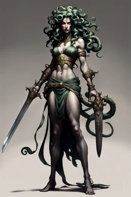 full-length persona, detailed, sword in hand, gorgon medusa