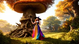A slender, witchy woman in a flowing, colourful, wispy dress, holding a long, twisted staff, standing outside a gnarly, ancient, large mushroom house built into a tree, surrounded by lush, vibrant, Pandora-like woodland, on a bright, sunny day, with warm, golden light.
