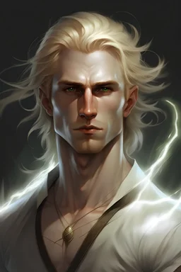 The elf is a man. The blond guy. Oil portrait style. A lightning strike scar runs through his chest and face. Waist-high. Shoulder-length hair. He is wearing a white shirt. Dark palette. The man emits light.