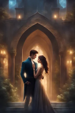 academy, book cover, beautiful couple in love hugging, full-length, fantasy, magic, magic, fabulous atmosphere