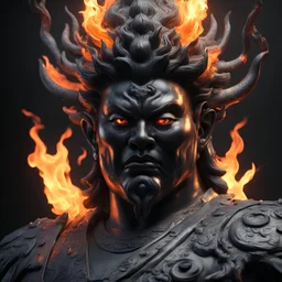 create a hyper-realistic Surrealism (RAW, simulation), close up look of a massive Japan Fudo Myo-o god, glass head and face, wearing a matte black titanium outfit, holding a flame sword, dynamic pose, black floor hell scene, absolutely lavish surfaces color and lighting, modeling of light and shade, ultra unique natural textures, vray