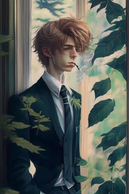 beautiful Twink boy with pretty hair. he is gay and smoking behind window while looking outdoor trees. His in a full official suit