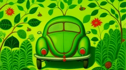 A lime green Bug Veilspun designed in German folk art painted by Henri Rousseau