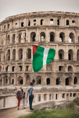 Imparare l'italiano. Gli studenti imparano la lingua, mentre dietro sullo sfondo l'alfabeto italiano. Il Colosseo e la bandiera italiana.