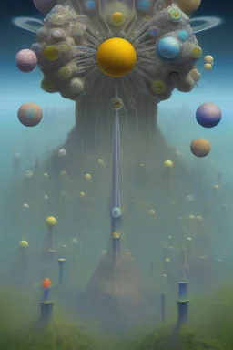 atoms self-organize to form a complex molecule detailed background by roger dean, max ernst, masterpiece, rich moody colours.