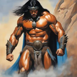 Conan the Barbarian dressed as an extremely muscle-bound Superhero dressed in a gray skintight, formfitting body suit with a blue cape and black boots, dark, multicolored watercolor stained wall in the background, oil painting in the art style of Boris Vallejo, 32k UHD, Hyper realistic, photorealistic, realistic, sharp, highly detailed, professional quality, beautiful, awesome, majestic, superb, trending on artstation