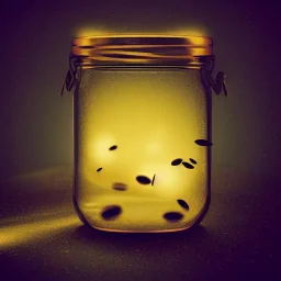 polaroid of many fireflies inside a jar, luminescent glow, moody, tender, photorealistic, octane render, golden hour