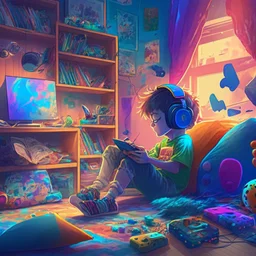 A boy is sitting on the sofa in his room listening to music with headphones, and his toys have come to life and are playing around him. A room full of joy and color, digital art, anime, 4k, full details, high resolution, cinematic