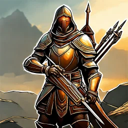 fantasy tcg art of a sci-fi crossbow soldier man with knight mask