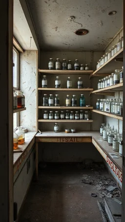 An old abandoned pharmacy in a dusty shelf’s and corrosion and dirt