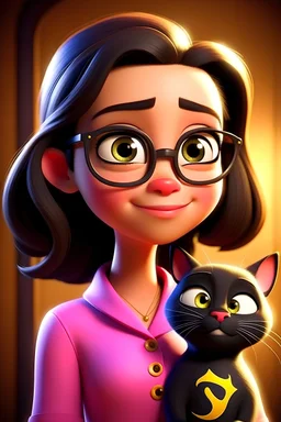 disney pixar poster that say BIYA, a pretty 15 years old cute girl with glasses and thin, oval shoulder-length hair who work as a barista. she has bright skin, she has sparkling eyes and has a cute lips like a baby. she is wearing a white shirt. shes carrying a black cat with fluffy hair with pink cloth around it neck. the background is grey 3d