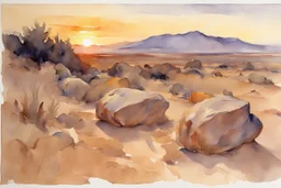 Sunset, rocks, mountains, rocky land, epic, john singer sargent watercolor paintings