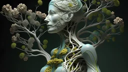 3d woman with elements of branches and flowers, in the style of a medical imaging film., detailed anatomy, michael eastman style