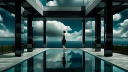 Mujer en bañador negro elegante de pie junto a una piscina reflectante en un edificio imposible con ventanas que dan al vacío, nubes dentro de habitaciones, atmósfera misteriosa, en el estilo de René Magritte.