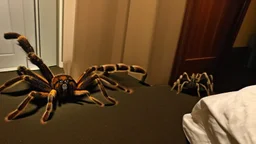 action shot of tarantula escaping hotel room while two people scream and run frantically