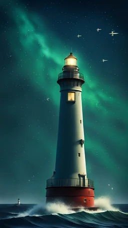 在深蓝色带些墨绿的银河星空下，星空清晰可见星星，在大海上，灯塔分布在不同的地方，指引着轮船前行着。