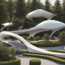 Parque, árboles, senderos, kioscos, bancas, sillas, gente, Arquitectura minimalista estilo Zaha Hadid, calidad ultra, 3D 8k