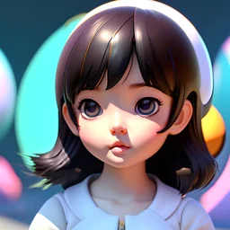Human kid character, with a big head a cute rounded face, bigger circular eyes, and a purse on her lip, High quality, Cinematic smooth, Blender, octane render, high quality, and High resolution, futuristic style, The background is set on Saturn.