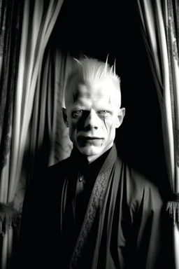 Artistic portrait of an albino vampire portrayed by Kadaj in front of a blood splattered curtain by Herbert List