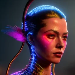 pretty cyber woman, big line color in face, cables, futuristic, blood, black, gold, brown, decorative color feathers, simétrico, circuits, neon style, a lot of led lights, fog, rain, vibrant color, highly detailed, art stations, concept art, smooth, unreal engine 5, god rays, ray tracing, RTX, lumen lighting, ultra detail, volumetric lighting, 3d, finely drawn, high definition, high resolution.