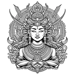 neo traditional bali women god tattos , white background, vector outline, black and white color. Only outline