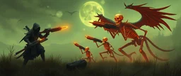 ninja necromancer in the wild, raising glowing raven skeleton giant babies with huge sci fi guns