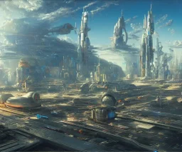 Art by John berkey, Spaceport on a heavy industrialized planet with a futuristic city in the background and a docked spaceship in the foreground, retrofuturistic, buildings with glass facades, insanely detailed, vibrant, 8k uhd, cinematic atmosphere, ultra-wide angle, street level view, brush strokes, blue sky with clouds, sharp focus