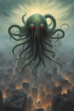 Eldritch tentacled creature hovering above city, highly detailed,in the style of Zvidslav Beksinski