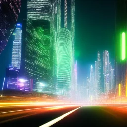 a guy in a futuristic motorbike leaving a futuristic city with neon lights at night, through a super highway, high speed, Looking from behind from a higher view to the highway seeing tall skyscrapers, outer space, vanishing point, super highway, high speed, digital render, digital painting, beeple, noah bradley, cyril roland, ross tran, trending on artstation