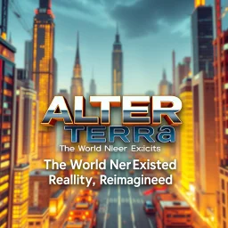 create a nice cool logo for my account IN 3D "ALTER",AND "TERRA" under it a little to right ,this texts plane must be 30 degree to the logo plane.and this 3d texts smaller font "The World Never Existed" ,"Reality ,Reimagined",add 3d background, future modern city and future modern industry ,3d text,vibrant metallic colors .1:1 ratio.
