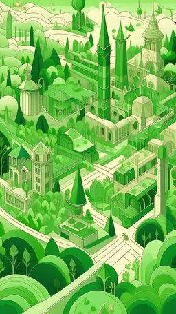 A light green city with a large carnival painted by MC Escher