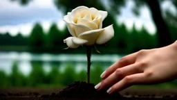 a young woman's hand planted a white rose stem in the ground, in the background a lake, some green trees, ultra detailed, sharp focus, perfect hands, perfect photo