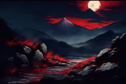 Mistery Night, rocks, mountains, japanese manga style, horror, jenny montigny impressionism paintings