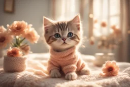 photorealistic image, browned, faded, last century style photograph with knitted and embroidered cute chibi anime kitten watching tv in an elegant room, flowers, in sunshine, edges of image appear burnt, ethereal, cinematic postprocessing, bokeh, dof