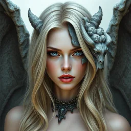 a portrait of an attractive blonde fantasy woman whose face is half human and half stone gargoyle