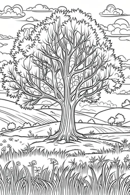 coloring page, tree in a meadow, cartoon style, thick lines, low detail, no shading