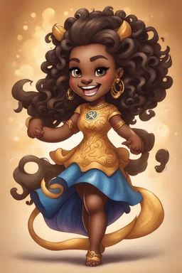 A fearless curvy dark-skinned airbrushed chibi swishes her lion tail excitedly, wearing a dress decorated with the Leo astrology symbol. With mane-like hair wild with curls, she smiles wide, showing off fangs. She stands arms and legs spread, steadfast as a lioness, demonstrating Leo courage and leadership.