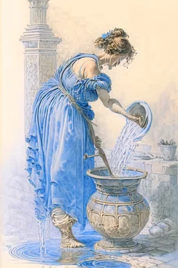 A woman in an ancient Roman dress pours water from an amphora into a pot in a blue and white bathroom, by Jean-Baptiste Monge, watercolour and ink, highly detailed, award winning, crisp quality in sunshine