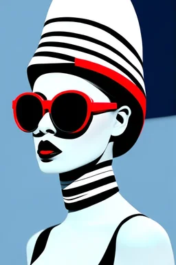 minimalist portrait photography, digital art, opart, woman face painted red, black and white dress, round black sunglasses, black and white swimming cap, side view by Franck Gerard