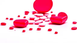 a bubble pack of red pills, a torn red ribbon, on a white background