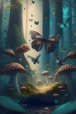 create a forest scene with butterflies and mushrooms