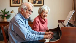 Two Elderly pensioners playing duet together on a piano. Photographic quality and detail, award-winning image, beautiful composition.