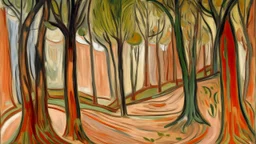 A light rosy orange colored thicket with an arena painted by Edvard Munch