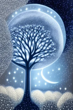 a background of softly blended blues, greys, silvers, and whites with distant, twinkling stars in the sky, an a spherical serene moon, casting a soft glow of light on a foreground of a field of various flowers surrounding a tree of life