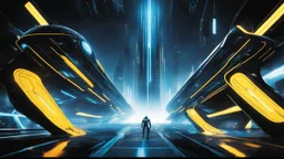 tron legacy movie, programs, space ships, city of the future, yellow, blue, red