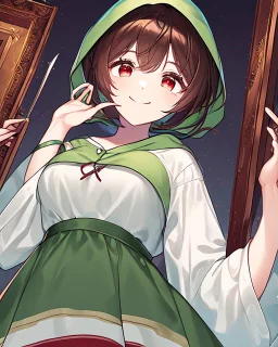 A character with short brown hair, red eyes who wears a green blouse open with its hood, below the blouse a white shirt, holds a bright red knife, smiles madly, dark background Very dark and HQ art and painting style.