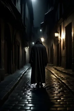 back of a man in antique hood walking down a dark medieval alley at night