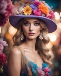 supermodel beauty make up, adorned hat with colorful flowers ,luxurious dress colorfull bohemian, background floristry, diamond dust, fluff, bokeh, filigree, ornate,photography, high resolution, high details,photoshoot shoot Lensbaby Velvet 56mm, f1.6, Sony A7IV